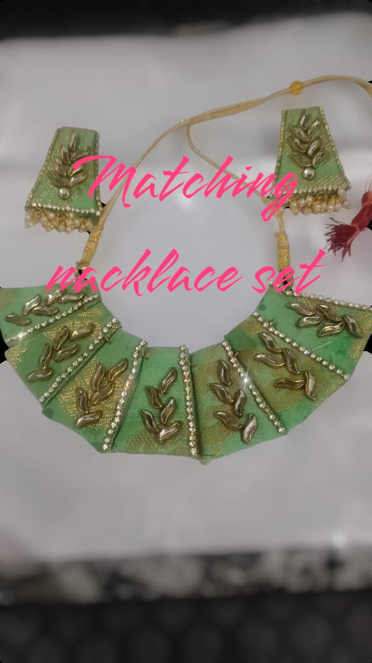 Green Fabric Work Necklace Set with Matching Earrings