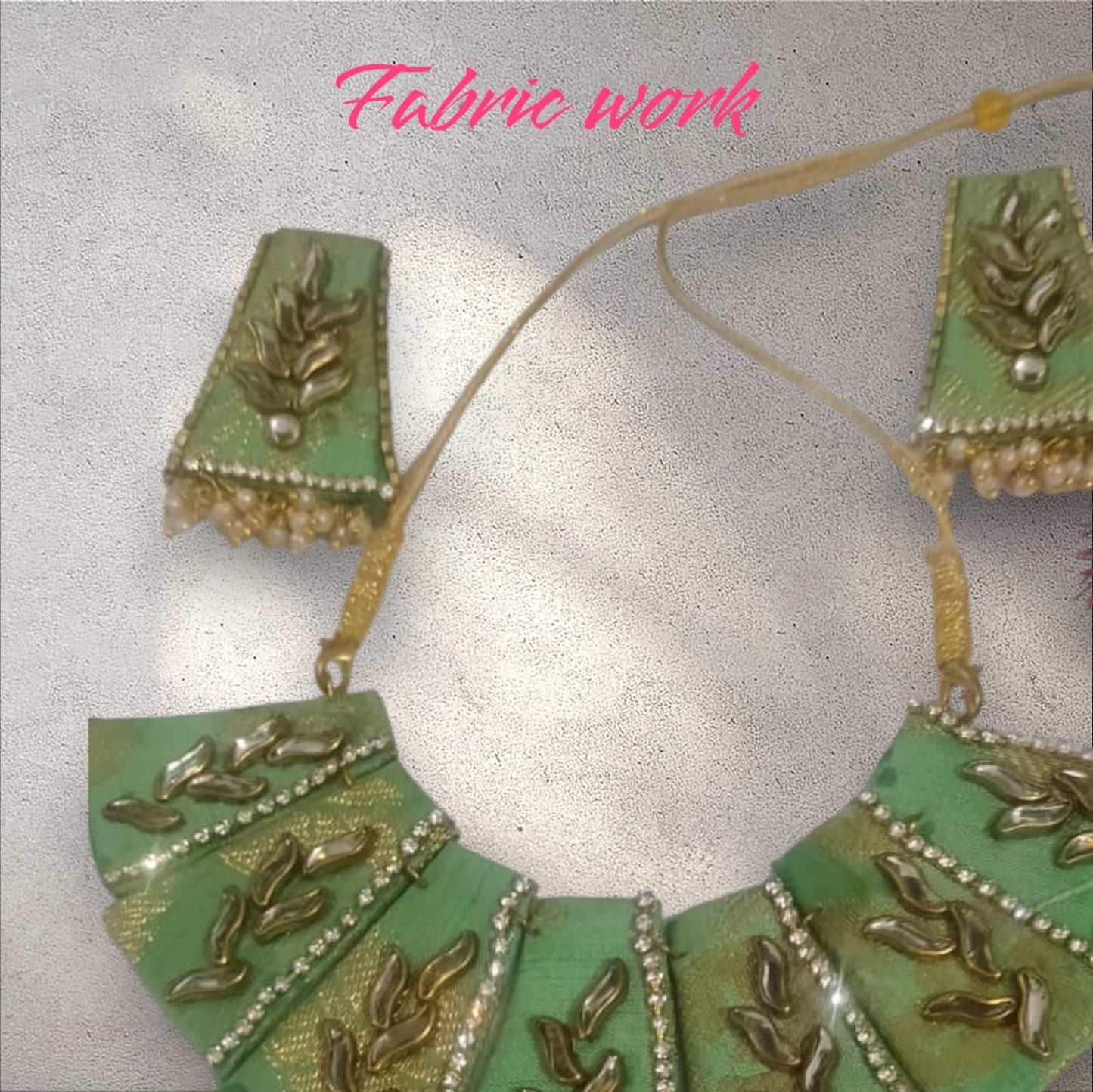 Green Fabric Work Necklace Set with Matching Earrings