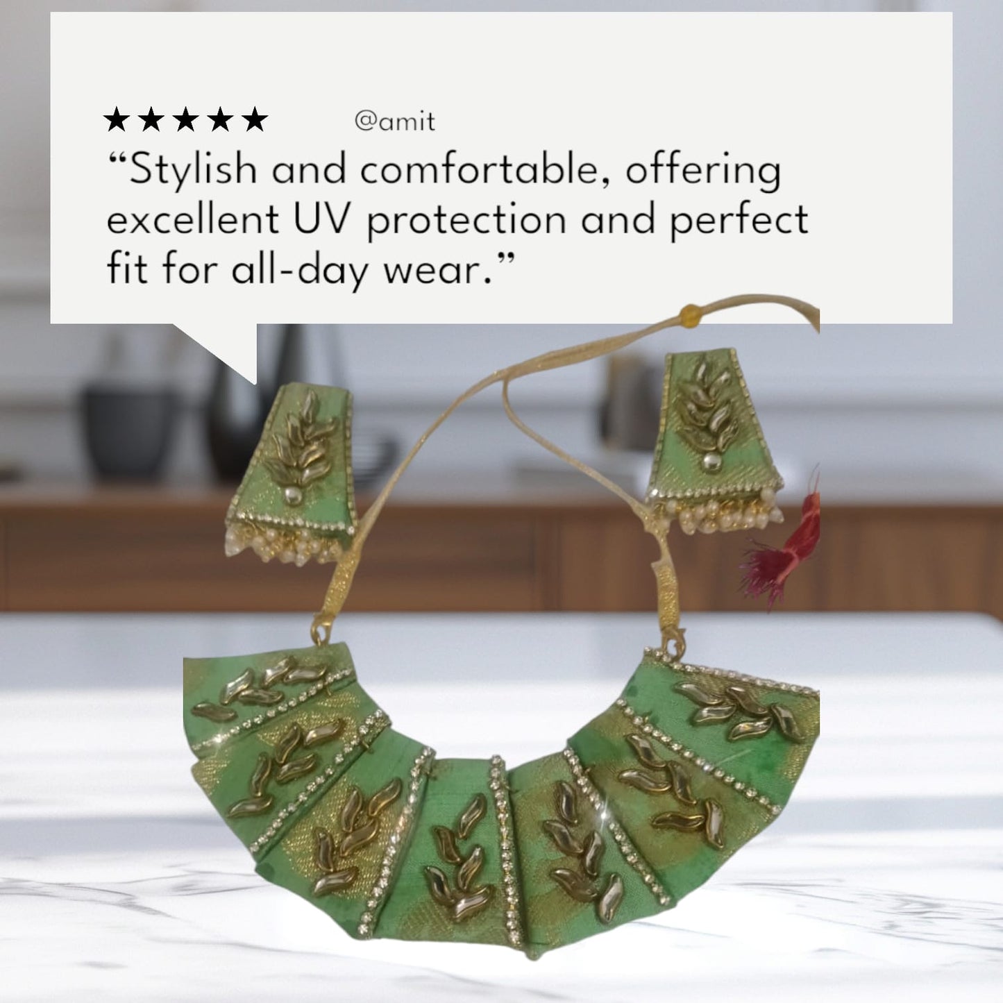 Green Fabric Work Necklace Set with Matching Earrings